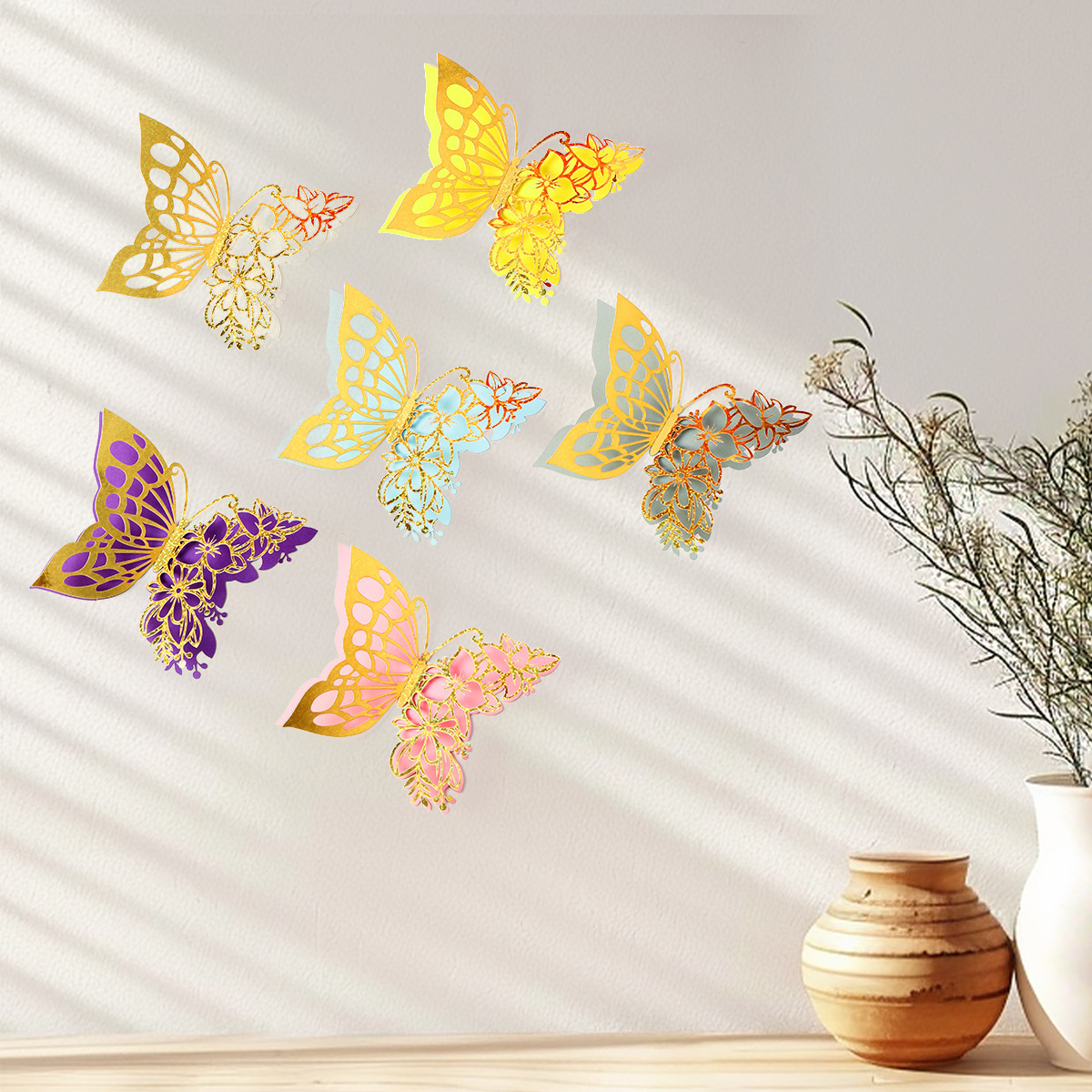 Mariposas Metálicas 3D de Doble Capa para Decoración - Acabado Imitación Metal y Diseño Calado Laser - Ideal para Bodas, Eventos y Paredes - Venta al por Mayor para Exportación
