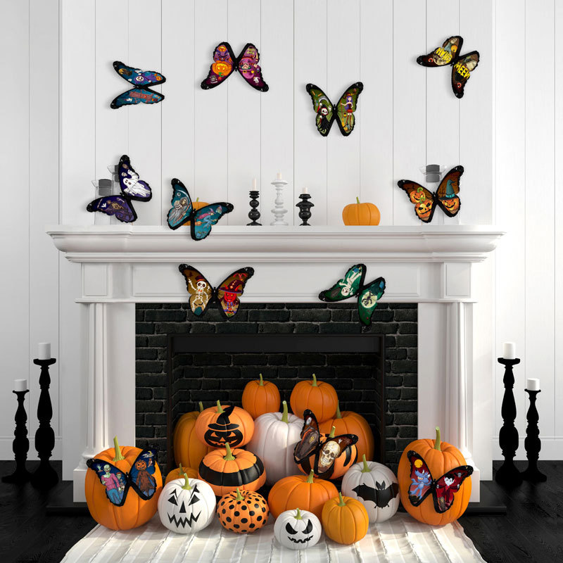 12 Unidades de Pegatinas de Mariposas de Halloween para Pared - Decoración 3D para Fiestas de Halloween y Salas de Estar - Suministro Directo para Exportación y Mayoristas