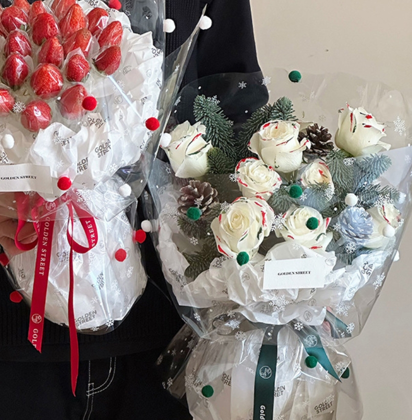 Papel Celofán Navideño con Pompones y Copos de Nieve - Para Ramos de Fresas y Manzanas de Nochebuena | DIY y Floristería-ywys
