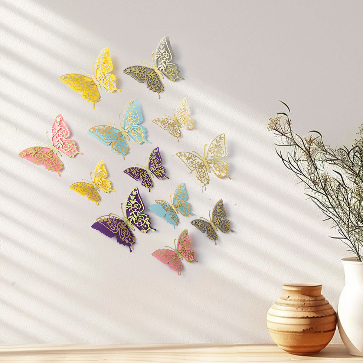 Mariposas Adhesivas 3D con Acabado Metálico - Diseño Calado y Colores Elegantes - Decoración Moderna para Pared de Sala y Comercios - Para Mayoristas y Diseñadores de Interiores