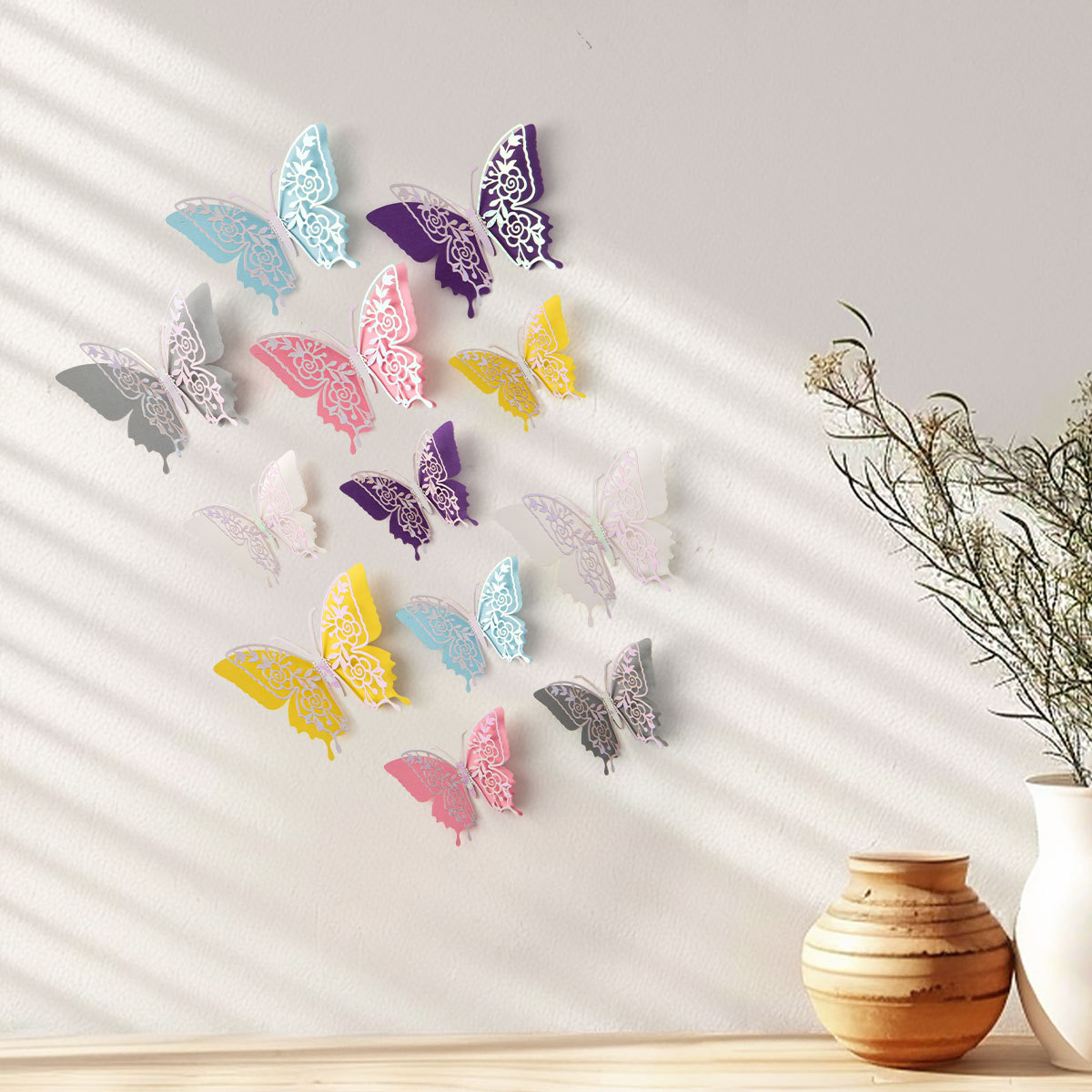 Mariposas Adhesivas 3D con Acabado Metálico - Diseño Calado y Colores Elegantes - Decoración Moderna para Pared de Sala y Comercios - Para Mayoristas y Diseñadores de Interiores