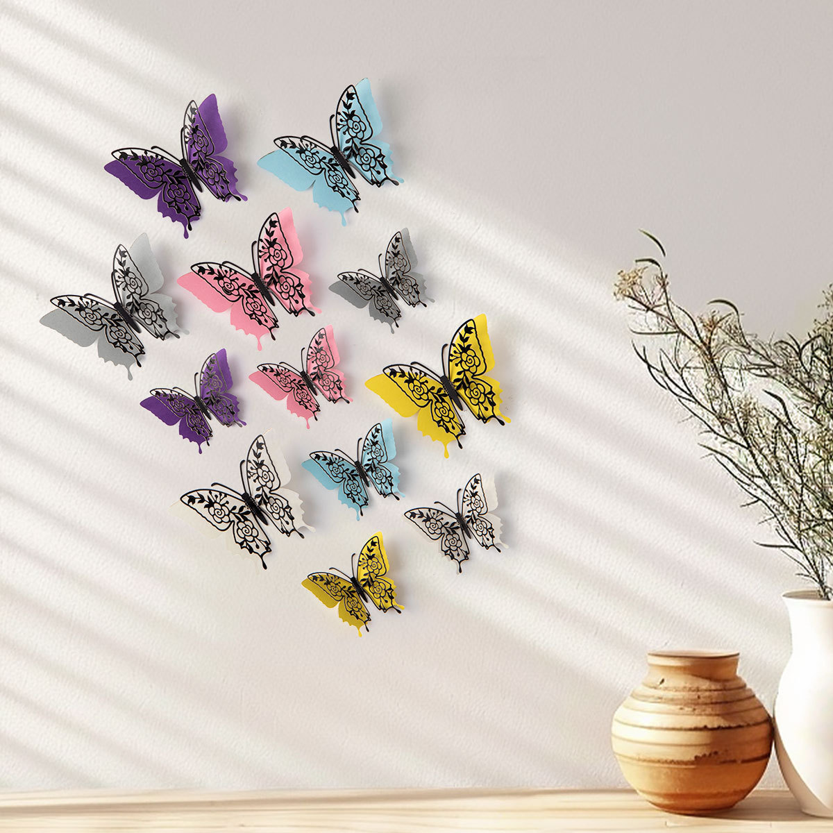 Mariposas Adhesivas 3D con Acabado Metálico - Diseño Calado y Colores Elegantes - Decoración Moderna para Pared de Sala y Comercios - Para Mayoristas y Diseñadores de Interiores