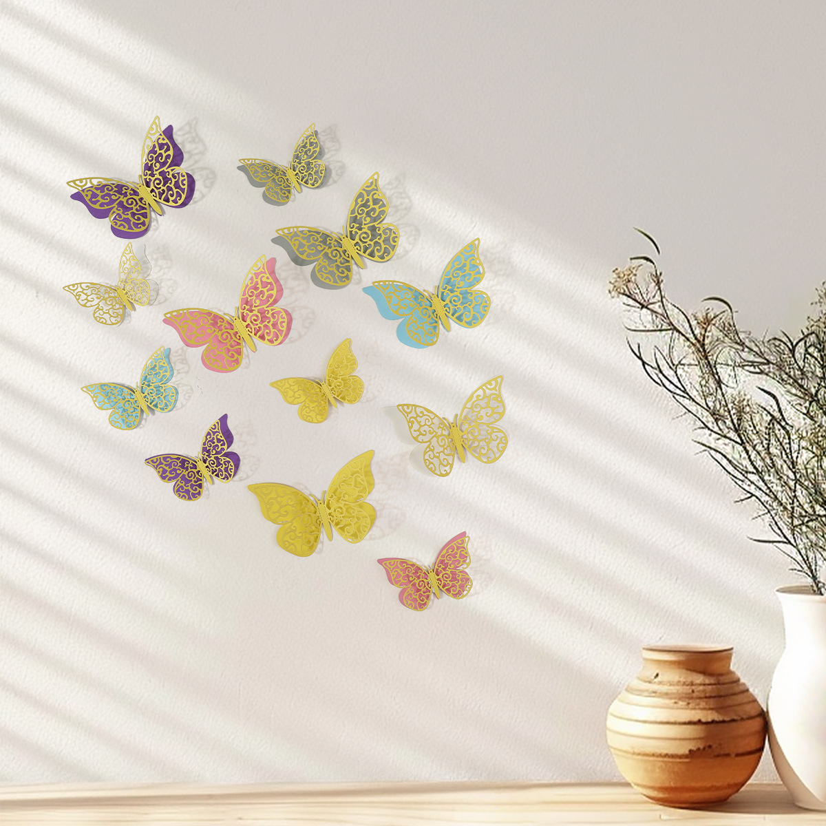 Mariposas Adhesivas 3D con Acabado Metálico - Diseño Calado y Colores Elegantes - Decoración Moderna para Pared de Sala y Comercios - Para Mayoristas y Diseñadores de Interiores