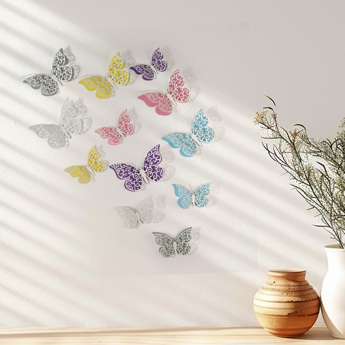 Mariposas Adhesivas 3D con Acabado Metálico - Diseño Calado y Colores Elegantes - Decoración Moderna para Pared de Sala y Comercios - Para Mayoristas y Diseñadores de Interiores