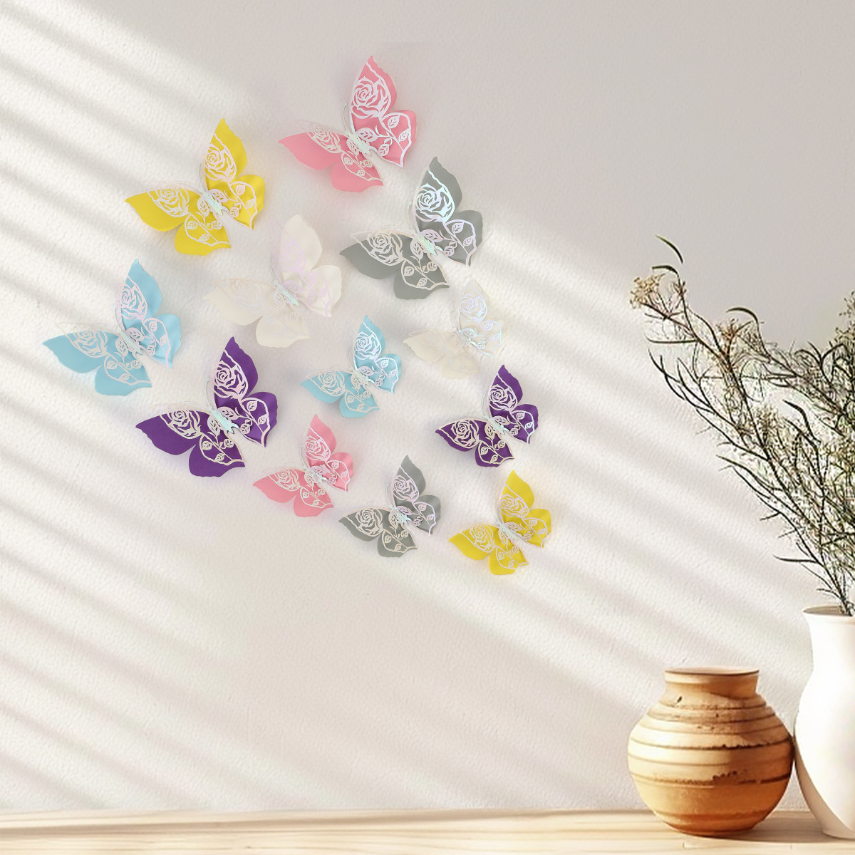 Mariposas Adhesivas 3D con Acabado Metálico - Diseño Calado y Colores Elegantes - Decoración Moderna para Pared de Sala y Comercios - Para Mayoristas y Diseñadores de Interiores