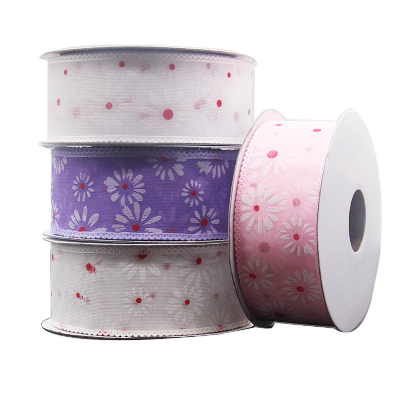 Cinta de Tul de 3.8cm con Estampado de Crisantemo - Material para Manualidades y Complementos - Proveedor Directo de Fábrica