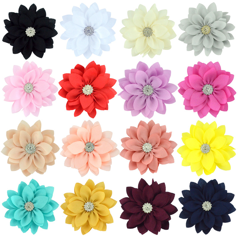 Flores de loto de gasa con diamantes (9cm, hoja puntiaguda) - Para DIY en accesorios de pelo, ropa y calzado - Venta al por mayor -ywys