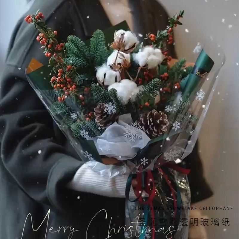 Papel Celofán Navideño con Diseño de Copos de Nieve - Para Arreglos Florales y Regalos de Nochebuena | Material para Florerías-ywys