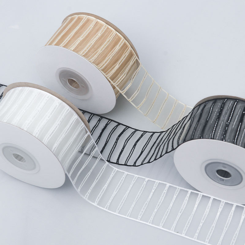 Cinta de Tul Transparente con Rayas Blancas - Para Decoración de Flores, Regalos y Manualidades - Venta al por Mayor