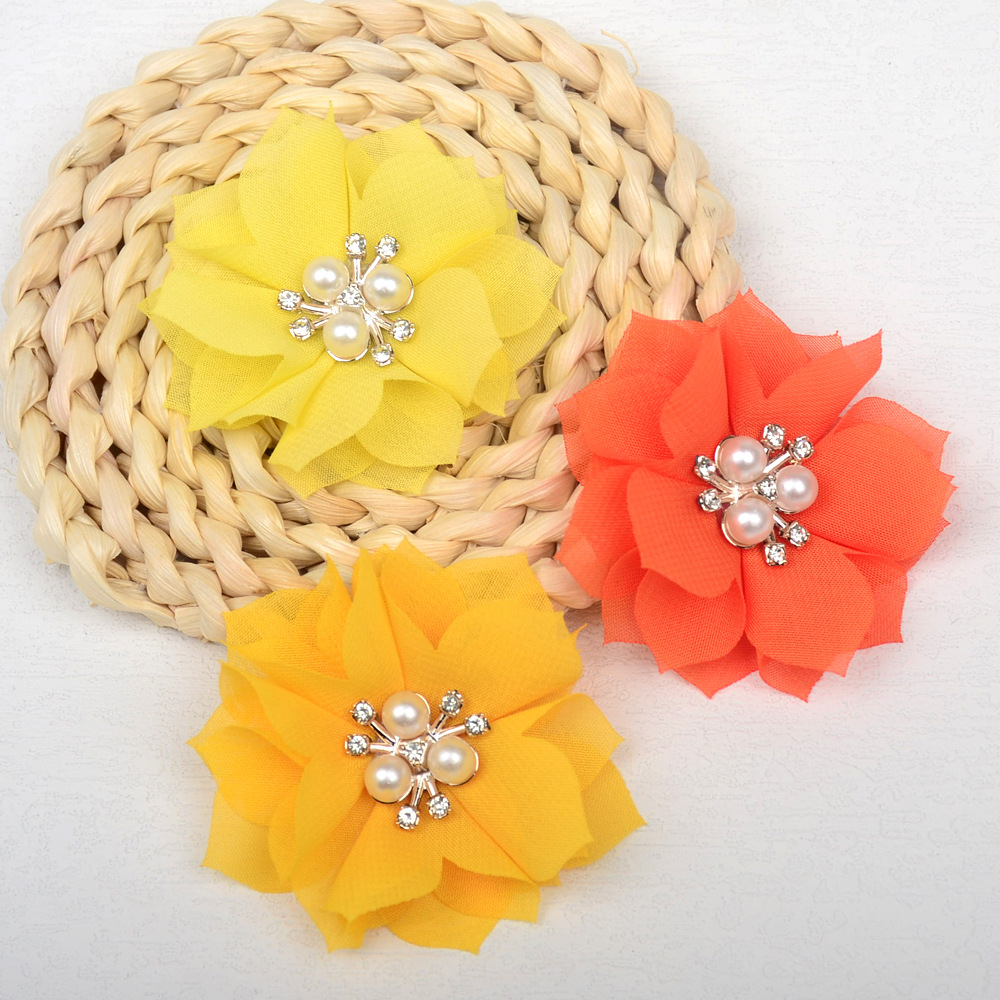 Flores de gasa con centro de perlas y strass - Adornos textiles para accesorios, moda y calzado - Proveedor mayorista-ywys