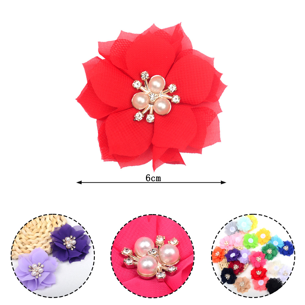 Flores de gasa con centro de perlas y strass - Adornos textiles para accesorios, moda y calzado - Proveedor mayorista-ywys