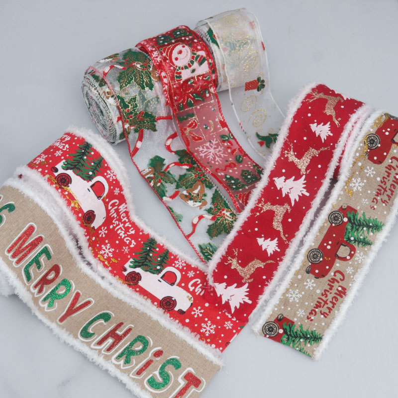 Cinta de Lino para Árbol de Navidad con Flecos - Decoración Rústica con Motivos de Nieve - Proveedor Mayorista