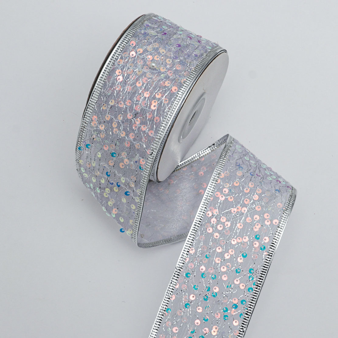 Cinta Navideña de 6.3cm con Alambre y Lentejuelas - Para Lazos y Decoración Festiva - Proveedor Mayorista