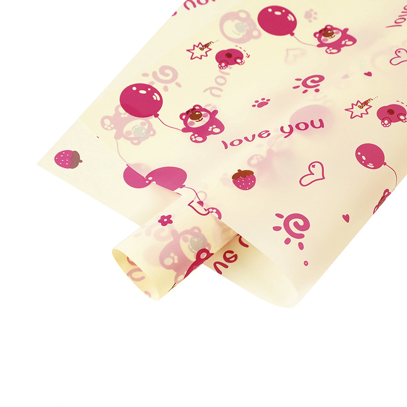 Papel para Flores Impermeable con Diseño de Oso de Fresa y Globos - Papel Coreano Translúcido Mate (Mayoreo)-ywys