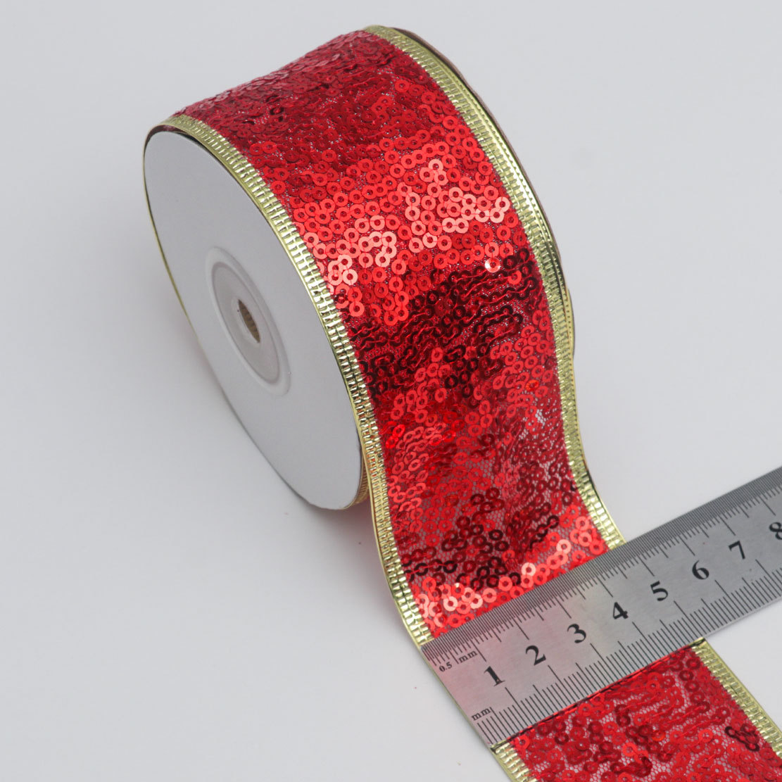 Cinta Navideña de 6.3cm con Alambre y Lentejuelas - Para Lazos y Decoración Festiva - Proveedor Mayorista