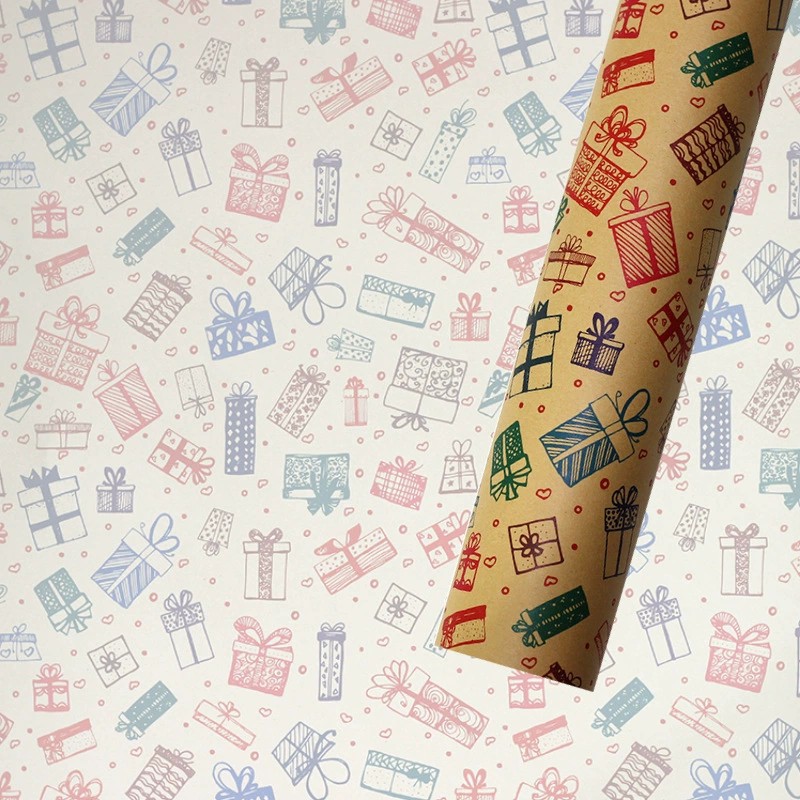 Papel de Regalo Navideño Kraft - Diseños de Santa Claus, Copos de Nieve y Árboles de Navidad-ywys