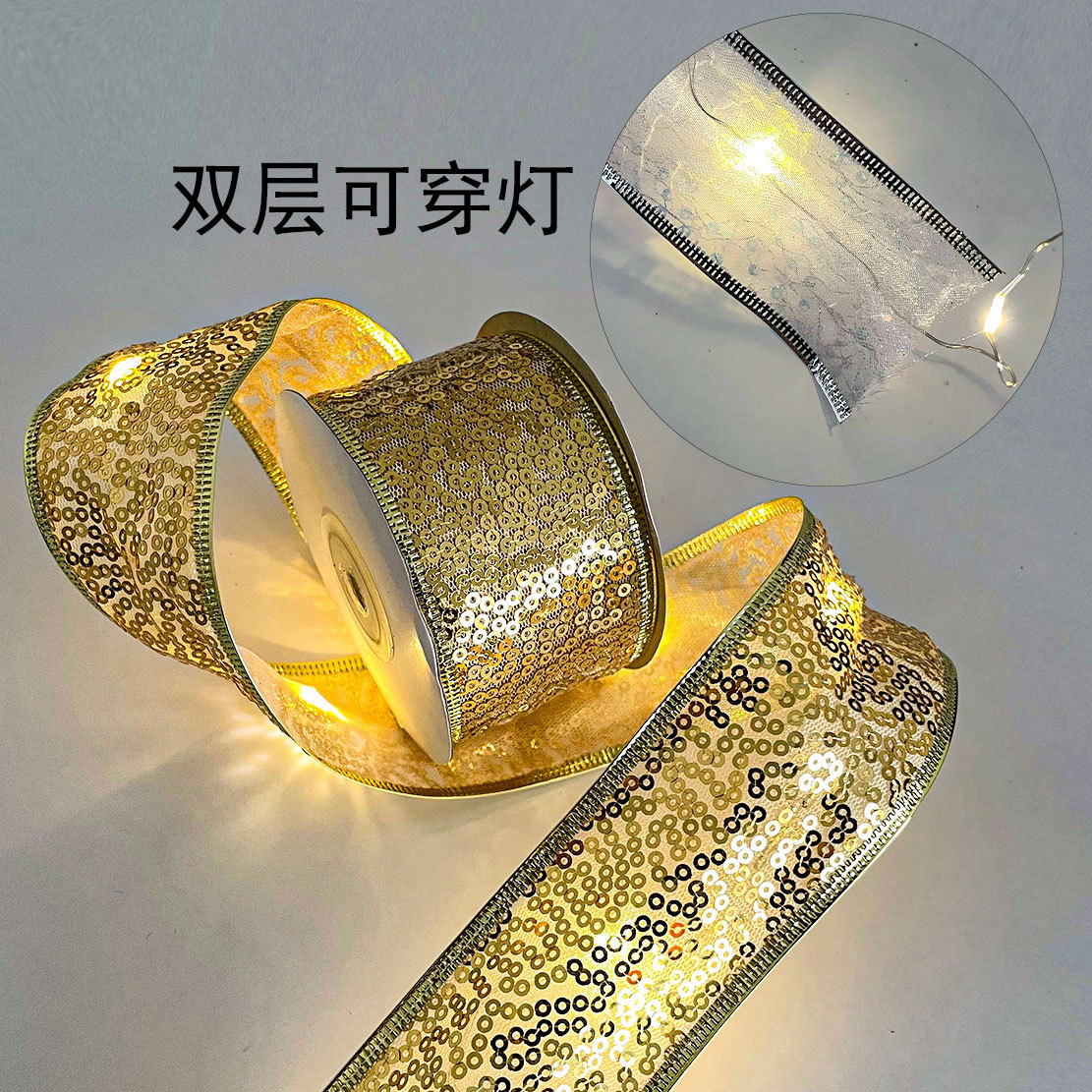 Cinta Navideña de 6.3cm con Alambre y Lentejuelas - Para Lazos y Decoración Festiva - Proveedor Mayorista