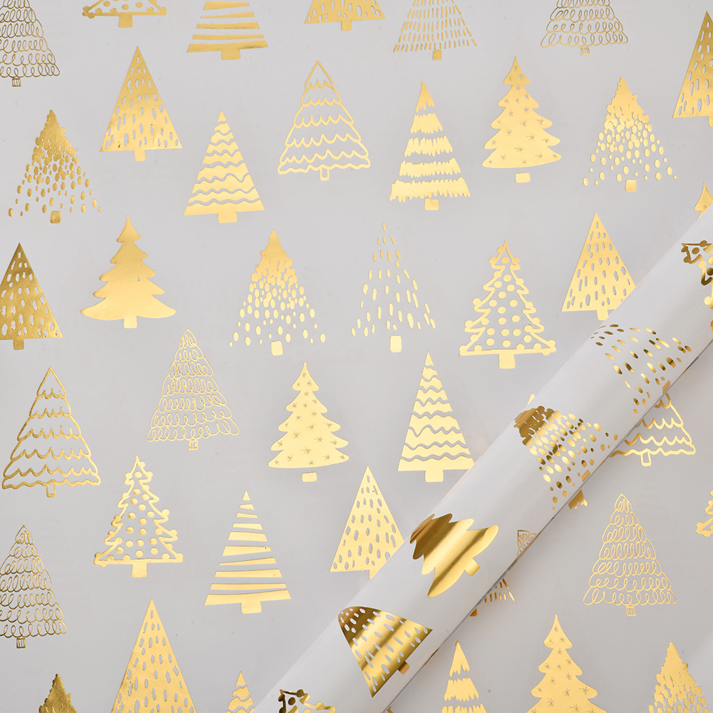 Papel de Regalo Navideño Brillante con Diseños de Árbol de Navidad, Renos y Copos de Nieve