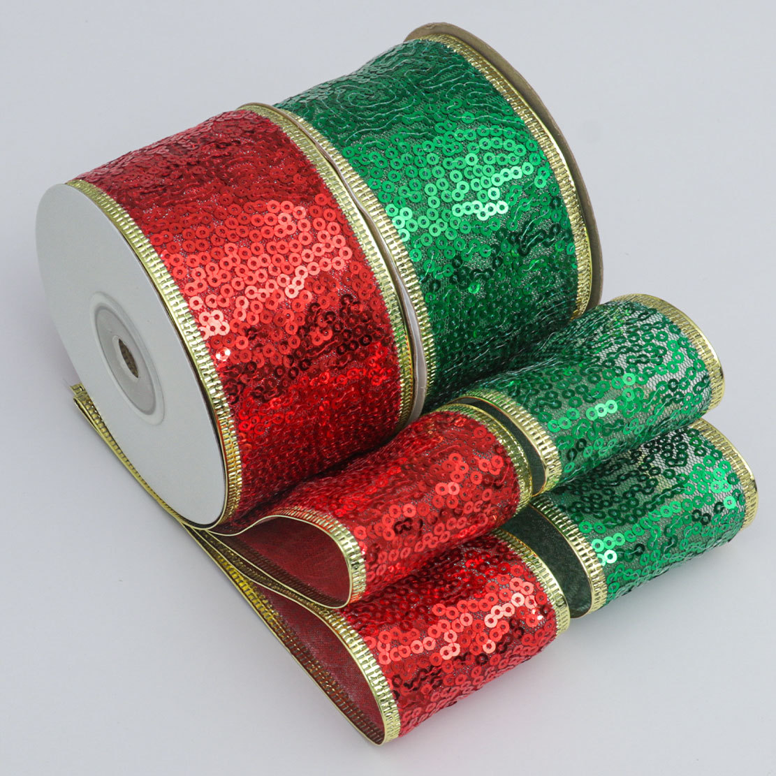 Cinta Navideña de 6.3cm con Alambre y Lentejuelas - Para Lazos y Decoración Festiva - Proveedor Mayorista
