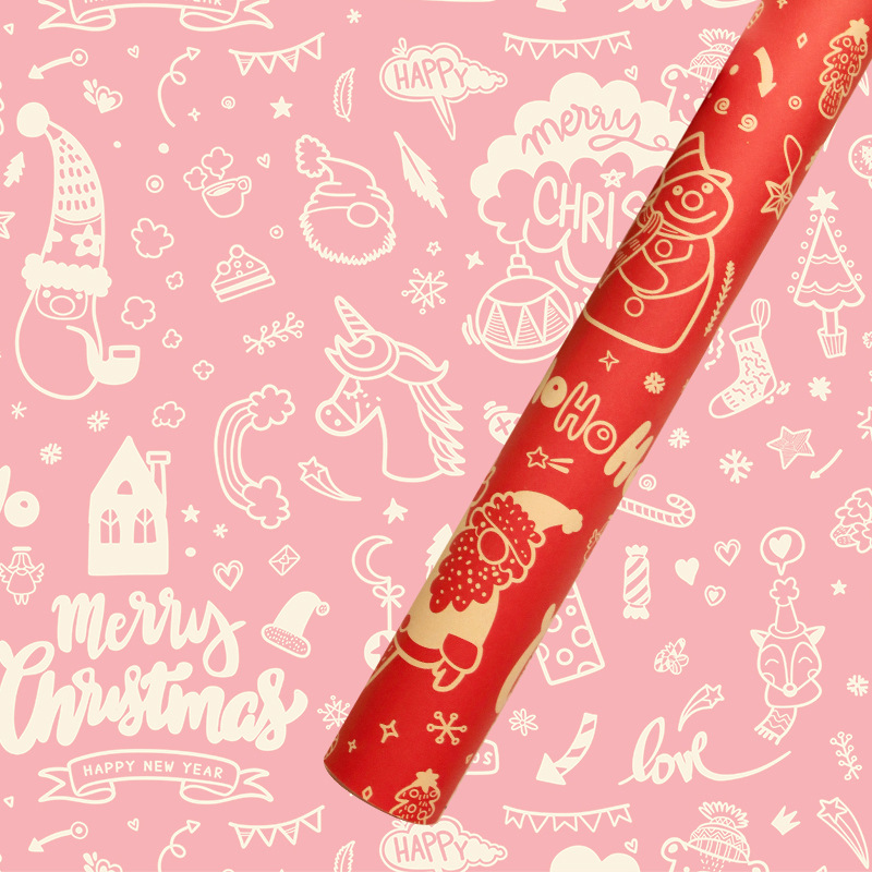 Papel de Regalo Navideño Kraft - Diseños de Santa Claus, Copos de Nieve y Árboles de Navidad-ywys