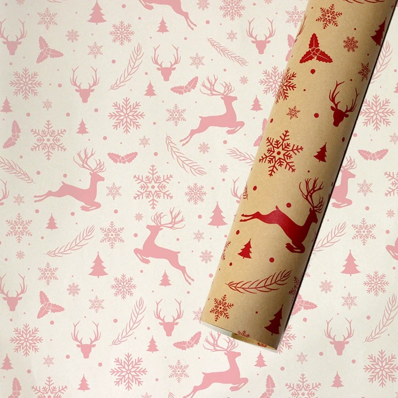 Papel de Regalo Navideño Kraft - Diseños de Santa Claus, Copos de Nieve y Árboles de Navidad-ywys