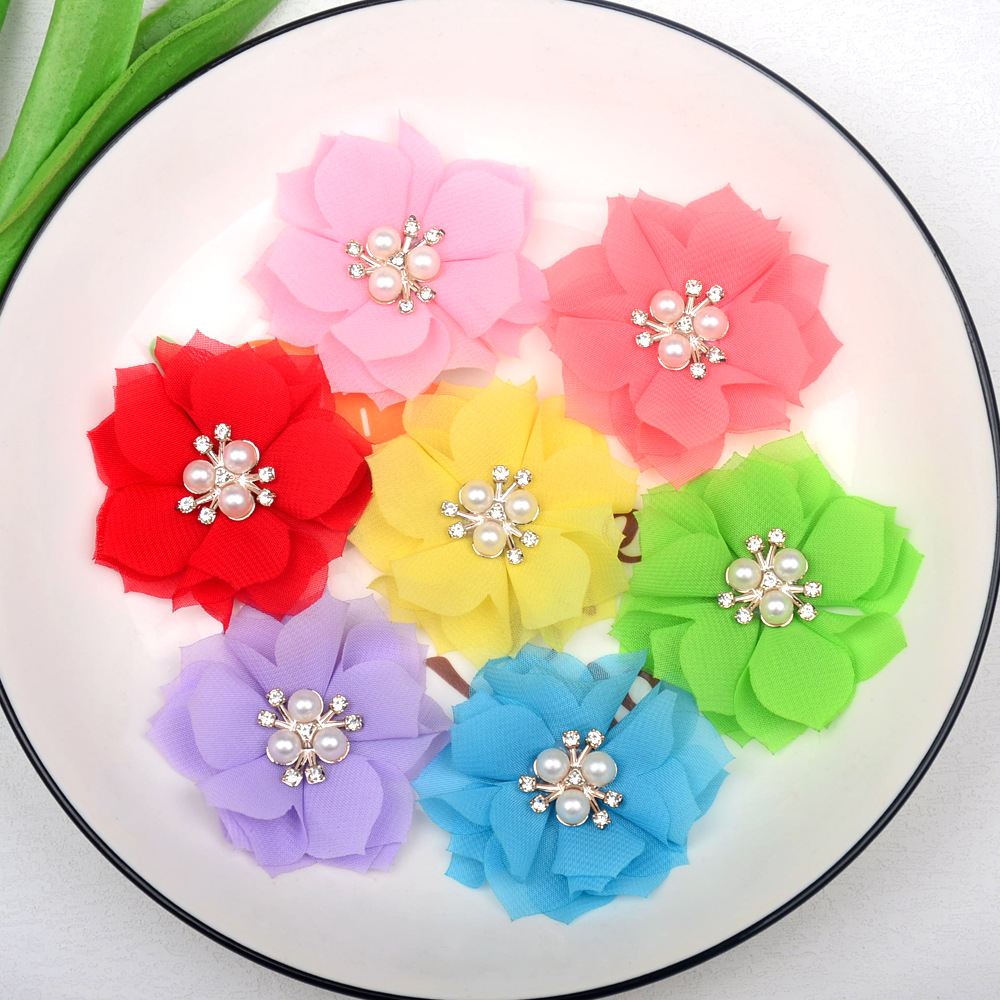 Flores de gasa con centro de perlas y strass - Adornos textiles para accesorios, moda y calzado - Proveedor mayorista-ywys