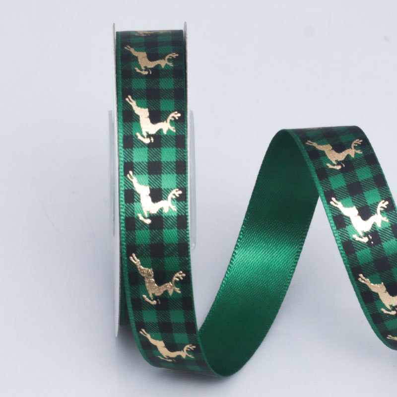 Cinta Navideña con Reno Dorado y Cuadros Rojo/Verde - Para Lazos y Decoración DIY - Proveedor Mayorista