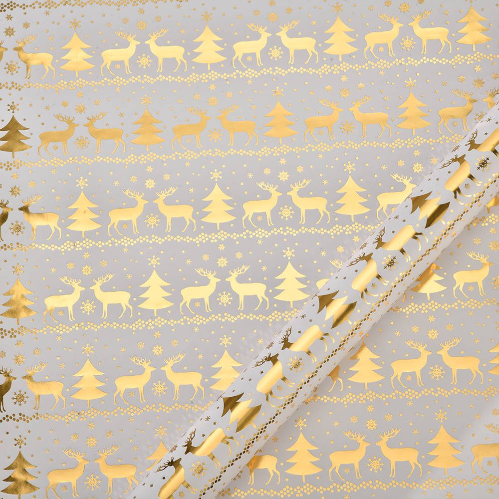 Papel de Regalo Navideño Brillante con Diseños de Árbol de Navidad, Renos y Copos de Nieve