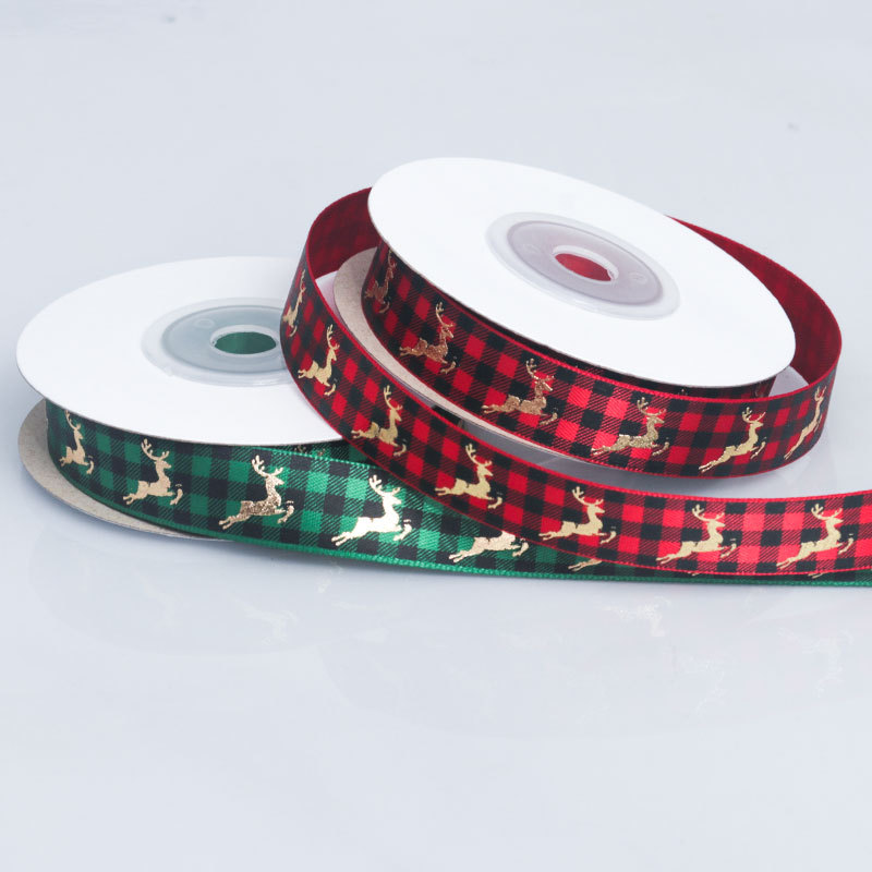 Cinta Navideña con Reno Dorado y Cuadros Rojo/Verde - Para Lazos y Decoración DIY - Proveedor Mayorista