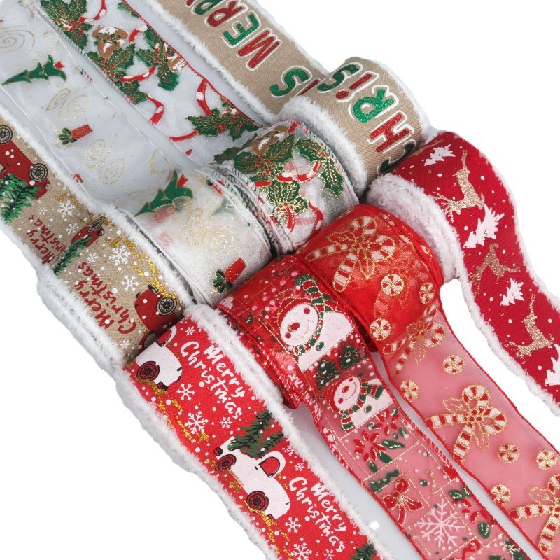 Cinta de Lino para Árbol de Navidad con Flecos - Decoración Rústica con Motivos de Nieve - Proveedor Mayorista