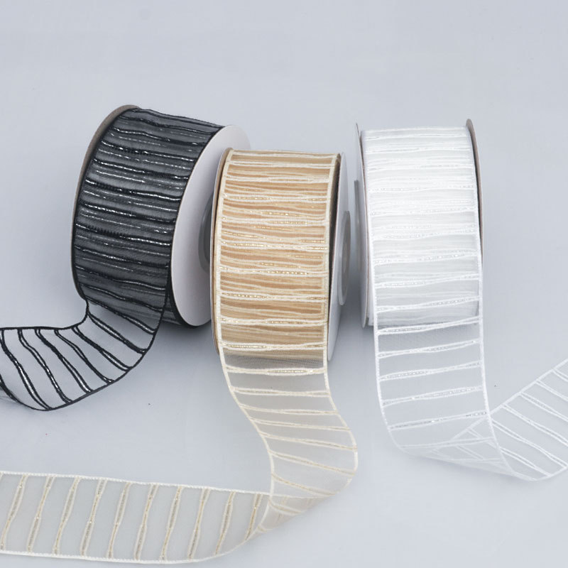 Cinta de Tul Transparente con Rayas Blancas - Para Decoración de Flores, Regalos y Manualidades - Venta al por Mayor