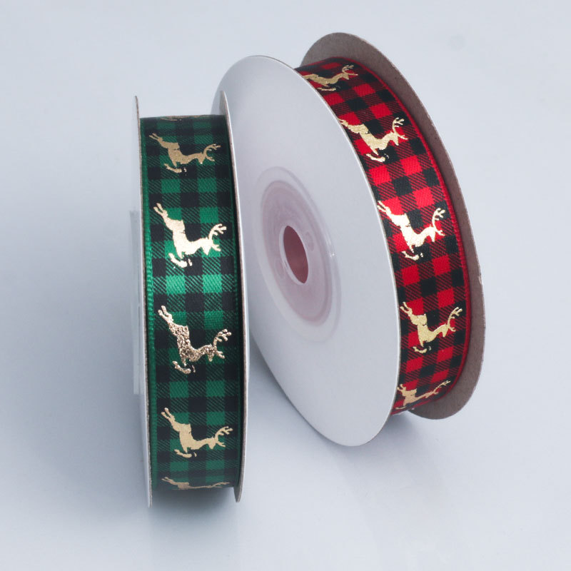 Cinta Navideña con Reno Dorado y Cuadros Rojo/Verde - Para Lazos y Decoración DIY - Proveedor Mayorista
