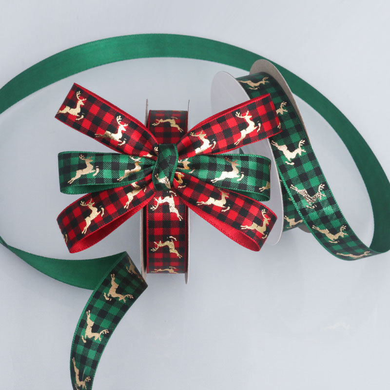 Cinta Navideña con Reno Dorado y Cuadros Rojo/Verde - Para Lazos y Decoración DIY - Proveedor Mayorista