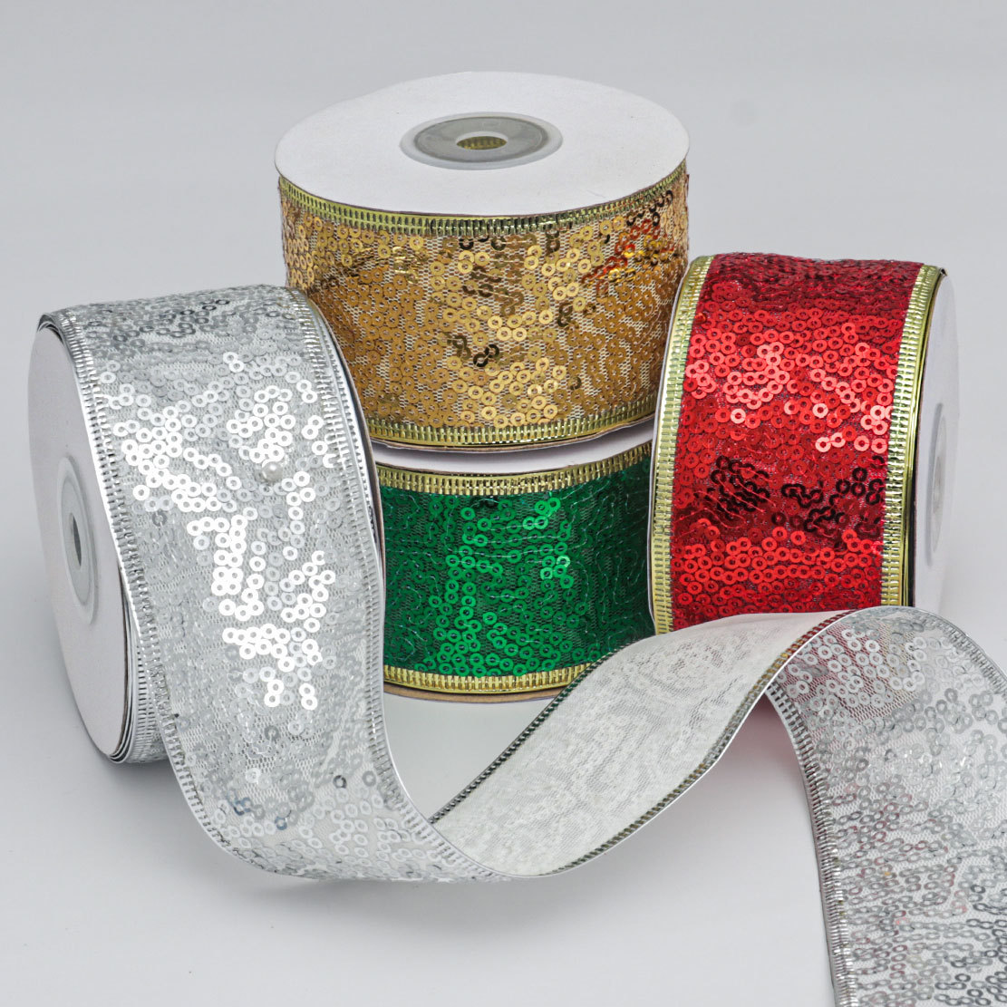 Cinta Navideña de 6.3cm con Alambre y Lentejuelas - Para Lazos y Decoración Festiva - Proveedor Mayorista