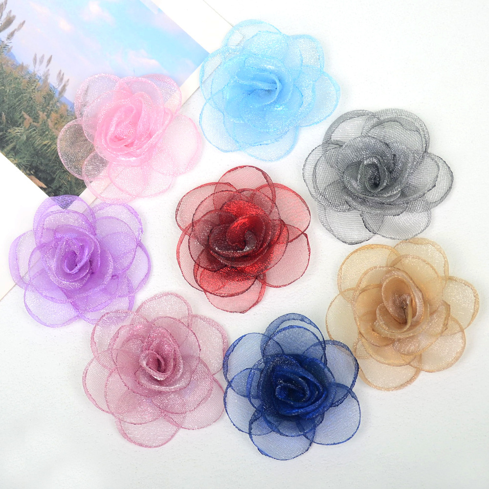 Flores de rosa de gasa coreana de 5cm con bordes sellados para DIY, accesorios para el pelo, adornos de tela para mayoristas-ywys