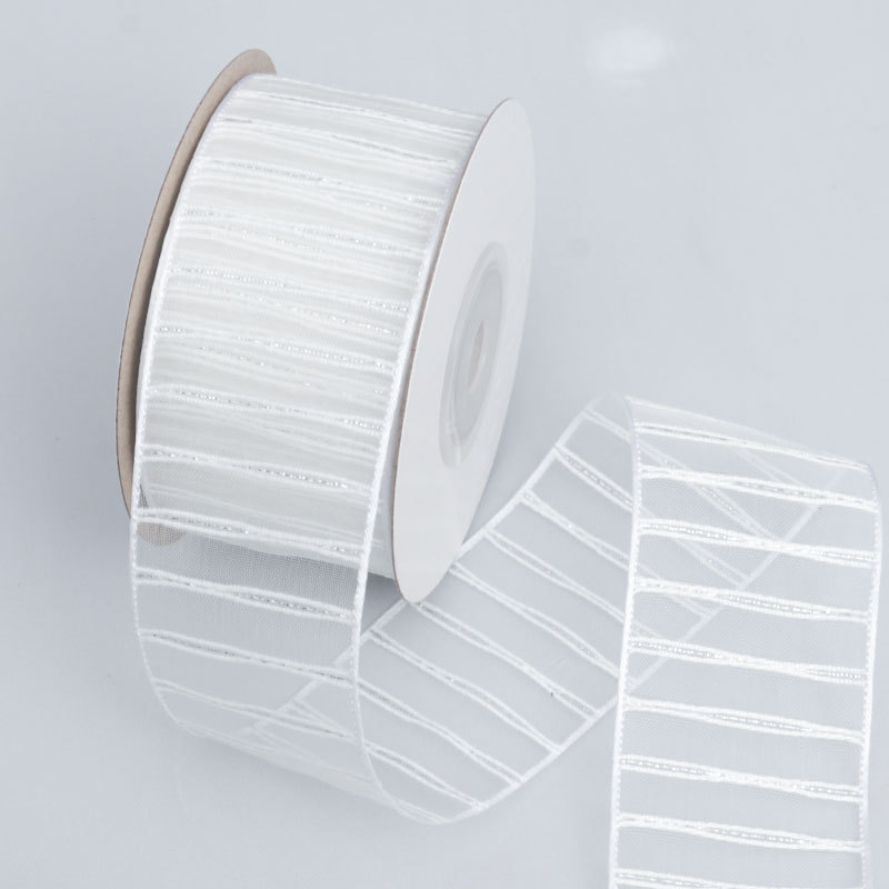 Cinta de Tul Transparente con Rayas Blancas - Para Decoración de Flores, Regalos y Manualidades - Venta al por Mayor