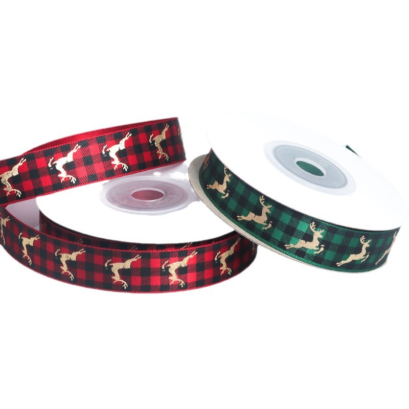 Cinta Navideña con Reno Dorado y Cuadros Rojo/Verde - Para Lazos y Decoración DIY - Proveedor Mayorista