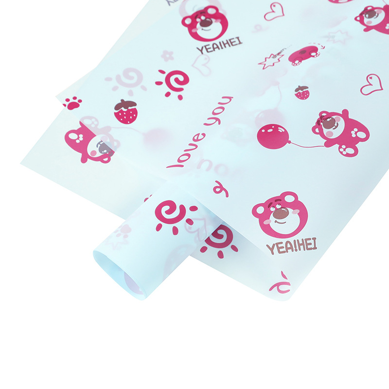 Papel para Flores Impermeable con Diseño de Oso de Fresa y Globos - Papel Coreano Translúcido Mate (Mayoreo)-ywys