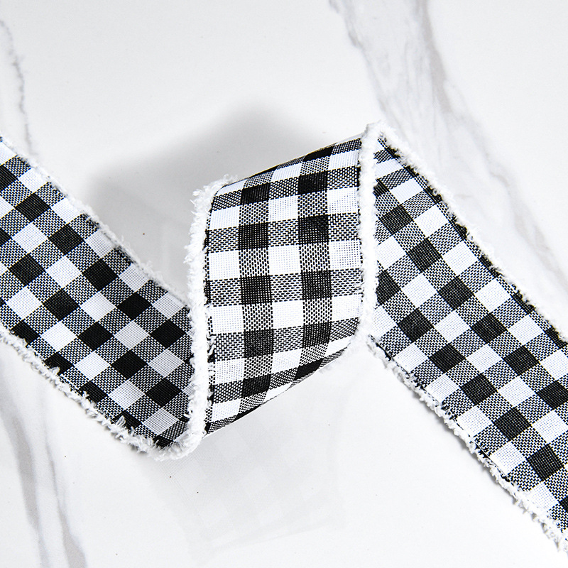 Cinta Navideña con Flecos Blancos y Cuadros Negro/Blanco - Decoración para Árboles, Coronas y Regalos - Venta al por Mayor