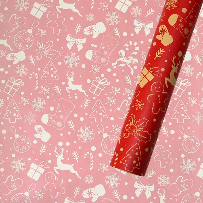 Papel de Regalo Navideño Kraft - Diseños de Santa Claus, Copos de Nieve y Árboles de Navidad-ywys