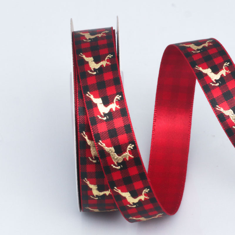 Cinta Navideña con Reno Dorado y Cuadros Rojo/Verde - Para Lazos y Decoración DIY - Proveedor Mayorista