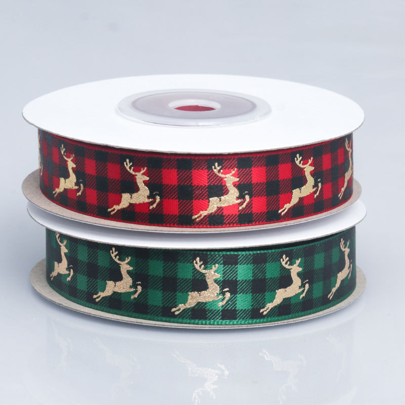 Cinta Navideña con Reno Dorado y Cuadros Rojo/Verde - Para Lazos y Decoración DIY - Proveedor Mayorista