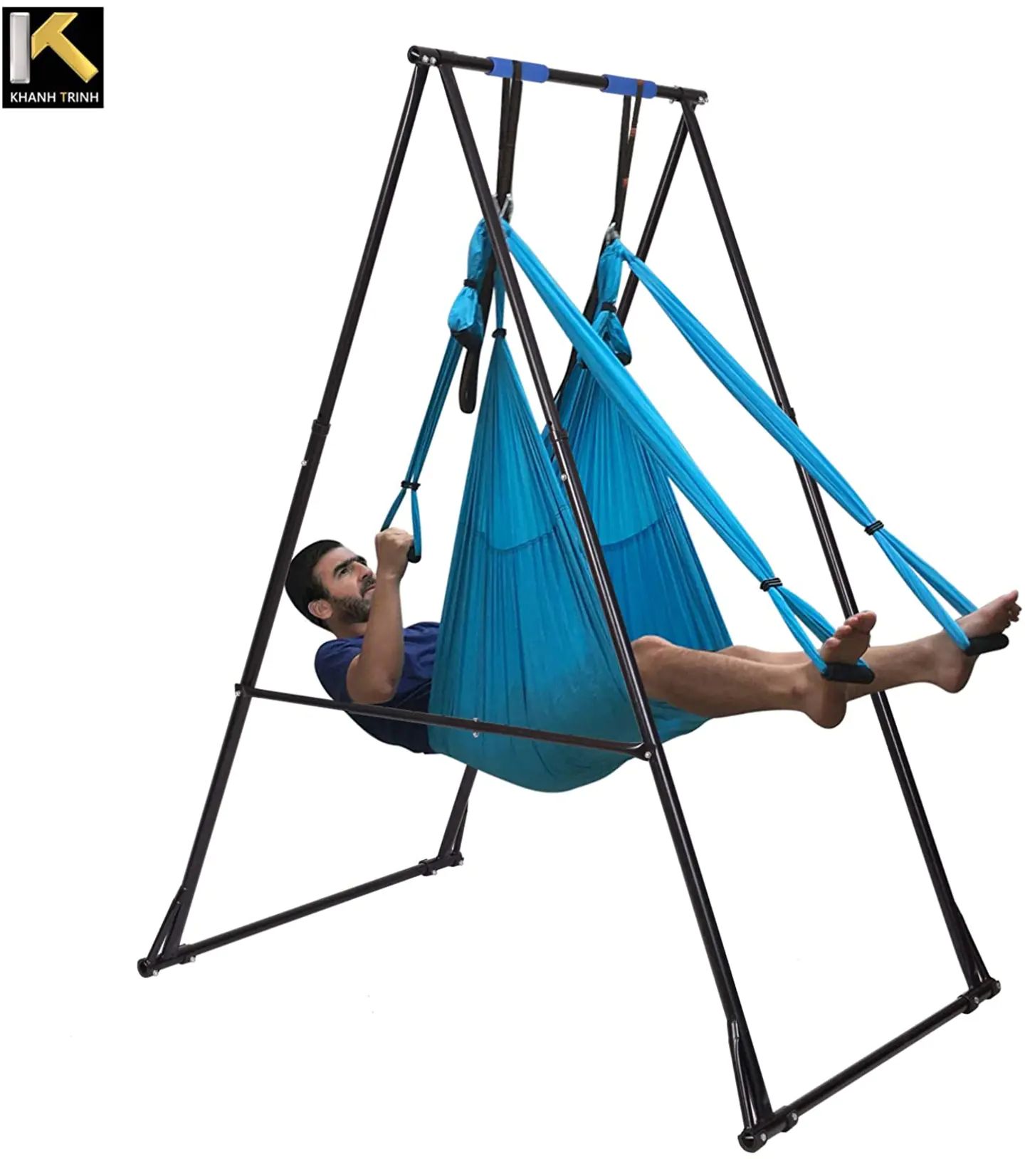 Air Yoga Equipment Set Includes: Blue Aerial Yoga Hammock and The Height-Adjustable Foldable Sturdy Durable KT Yoga Swing Stand Frame