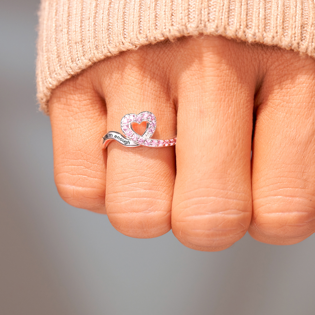 S925 Raise Confidence I Am Enough Red Ribbon Heart Ring