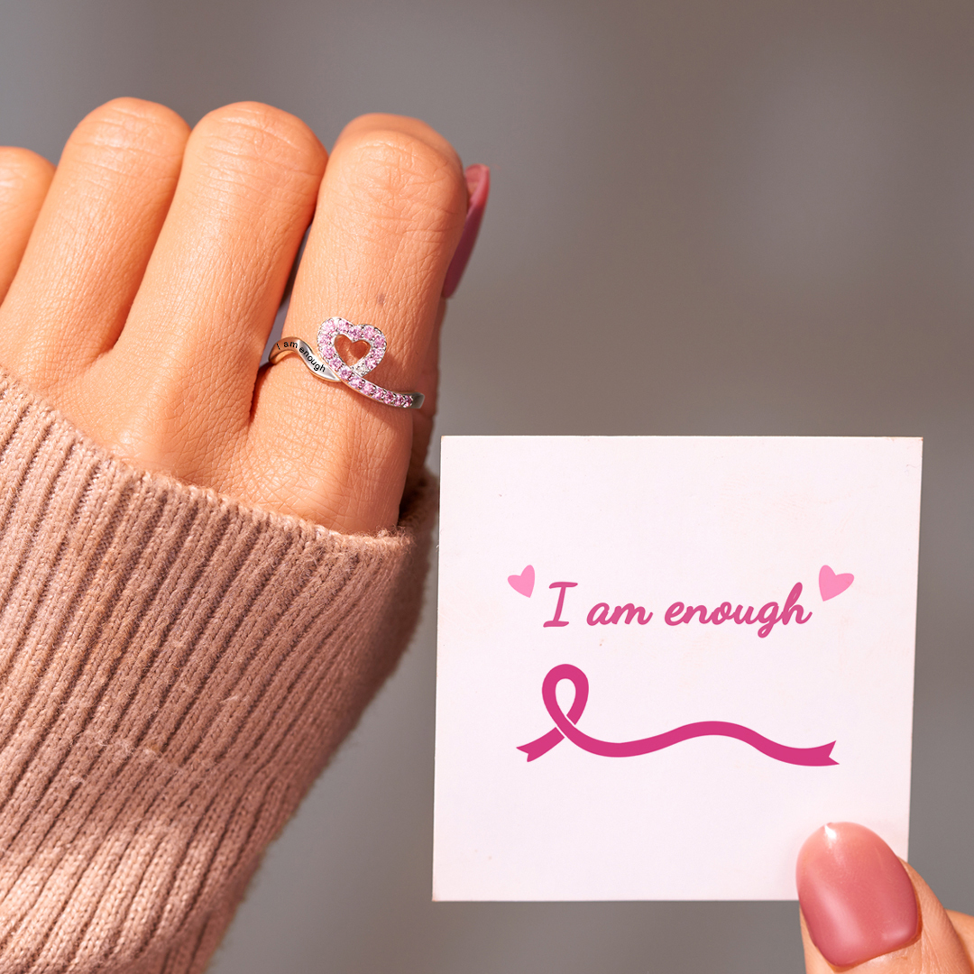 S925 Raise Confidence I Am Enough Red Ribbon Heart Ring
