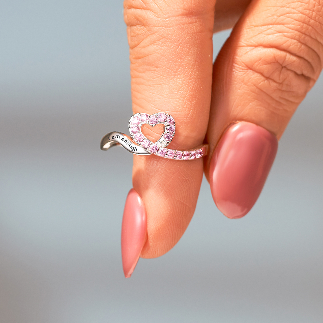 S925 Raise Confidence I Am Enough Red Ribbon Heart Ring