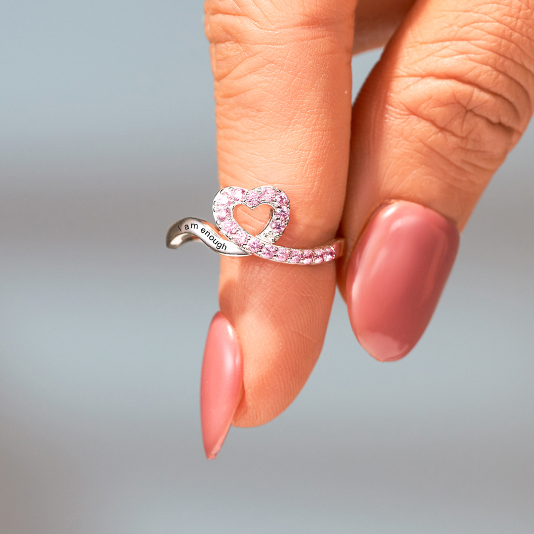 S925 Raise Confidence I Am Enough Red Ribbon Heart Ring