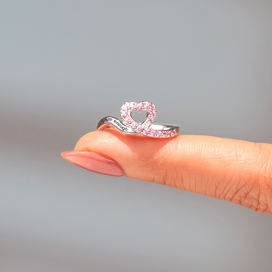 S925 Raise Confidence I Am Enough Red Ribbon Heart Ring