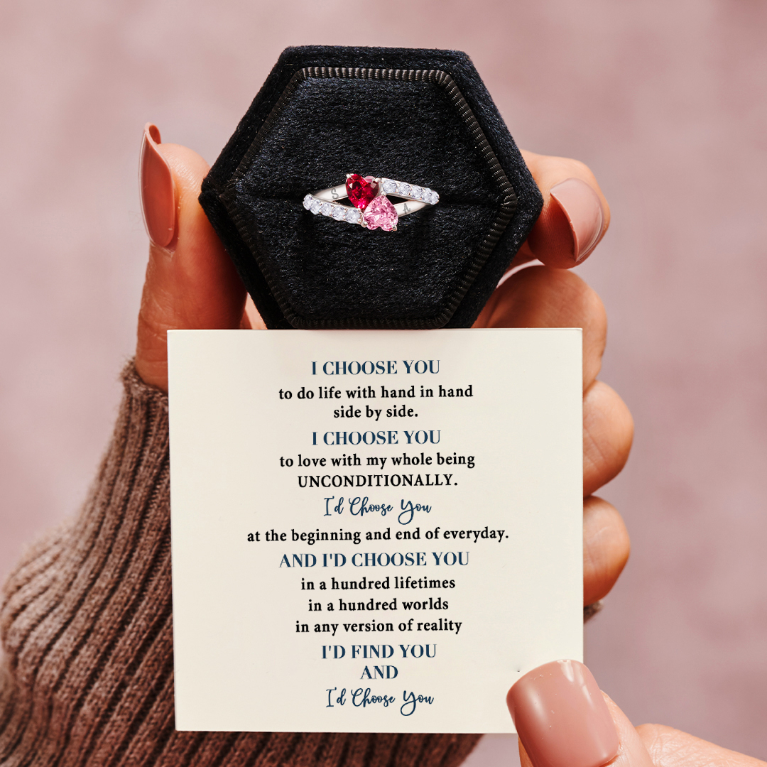 I Choose You Two Heart Birthstones Ring