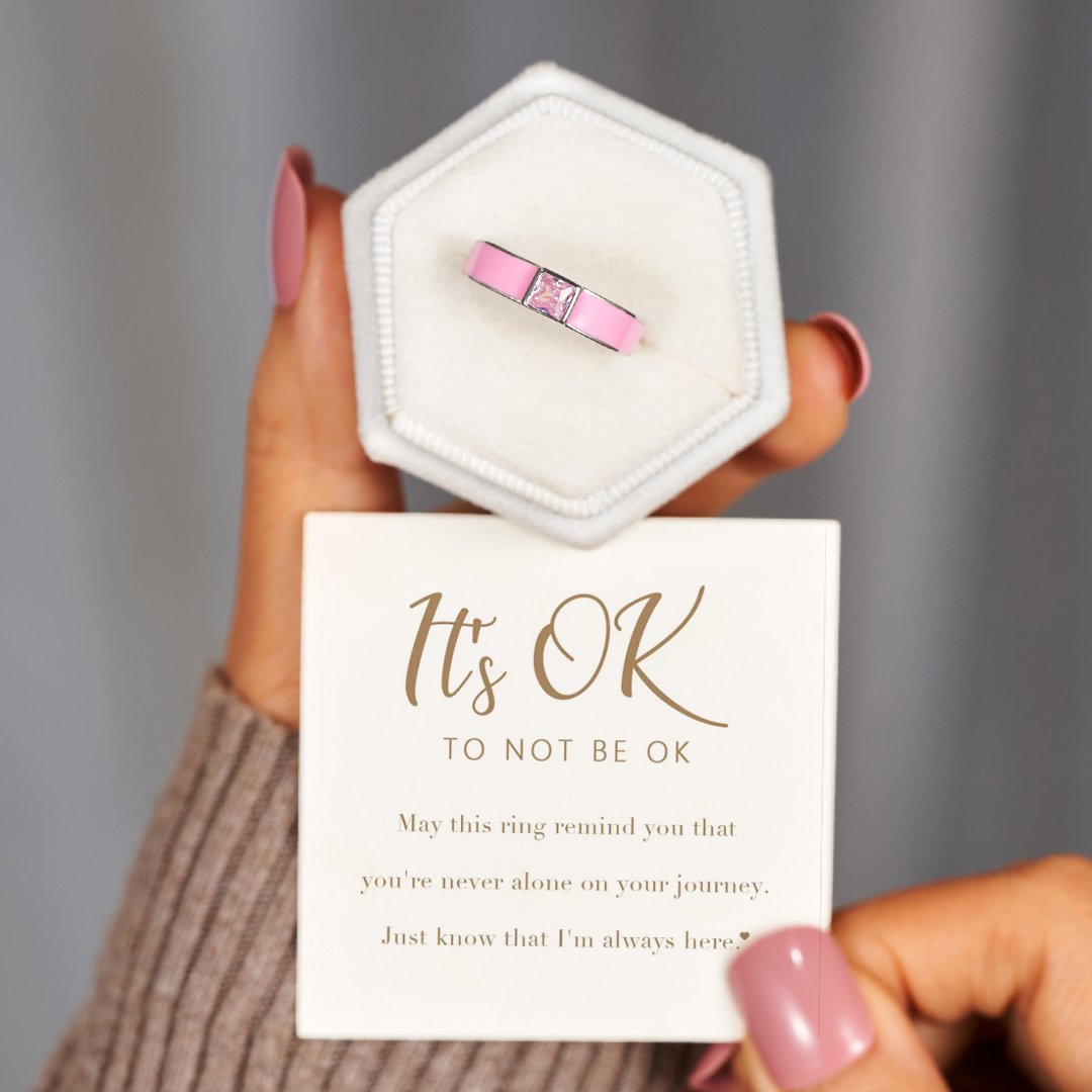It's OK To Not Be OK Engraved Pink Ribbon Ring